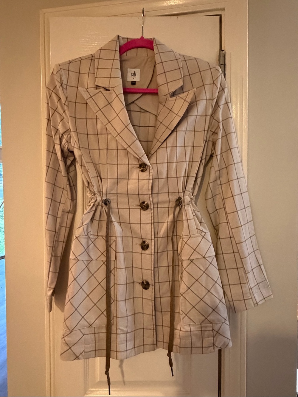 CAbi Cream Windowpane Drawstring Blazer Jacket